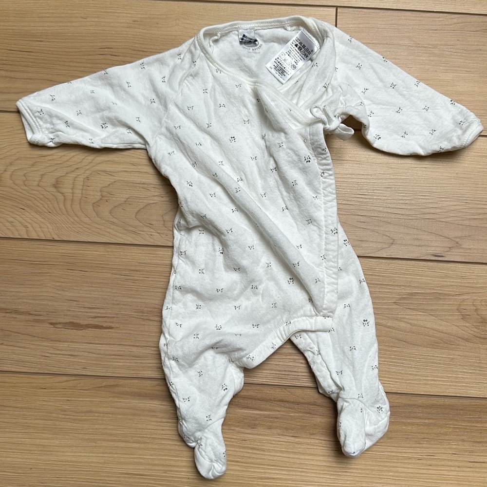 Petit Bateau Infant Long Sleeve Front Tie & Snap Onesie Size 0-3 months